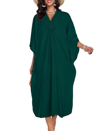 JILUVIN Kaftan Dresses for Women Plus Size V Neck Caftans Long Batwing Sleeve Beach Cover Ups Summer Floral Print Dress 2026 (Dark Green,One Size) - Image 4