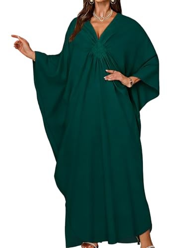 JILUVIN Kaftan Dresses for Women Plus Size V Neck Caftans Long Batwing Sleeve Beach Cover Ups Summer Floral Print Dress 2026 (Dark Green,One Size) - Image 1