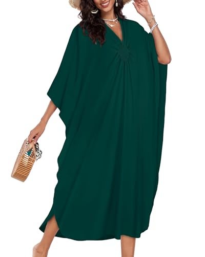 JILUVIN Kaftan Dresses for Women Plus Size V Neck Caftans Long Batwing Sleeve Beach Cover Ups Summer Floral Print Dress 2026 (Dark Green,One Size) - Image 2