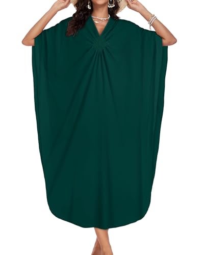 JILUVIN Kaftan Dresses for Women Plus Size V Neck Caftans Long Batwing Sleeve Beach Cover Ups Summer Floral Print Dress 2026 (Dark Green,One Size) - Image 5