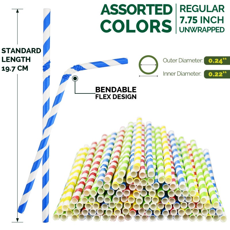 chunspak Flexible Paper Drinking Straws  250 Count  7.75"" Long  0.24"" diameter - 100% Biodegradable - Assorted Striped Colors - Image 2