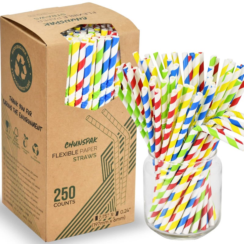 chunspak Flexible Paper Drinking Straws  250 Count  7.75"" Long  0.24"" diameter - 100% Biodegradable - Assorted Striped Colors - Image 1