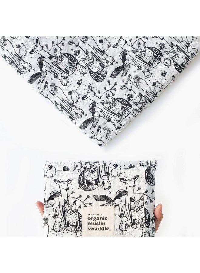 Wee Gallery, Organic Muslin Swaddle - Forest - Woodland Animals Design, Black and White for Baby Visual Development, Quality Cotton Swaddling or Receiving Blanket - Image 1