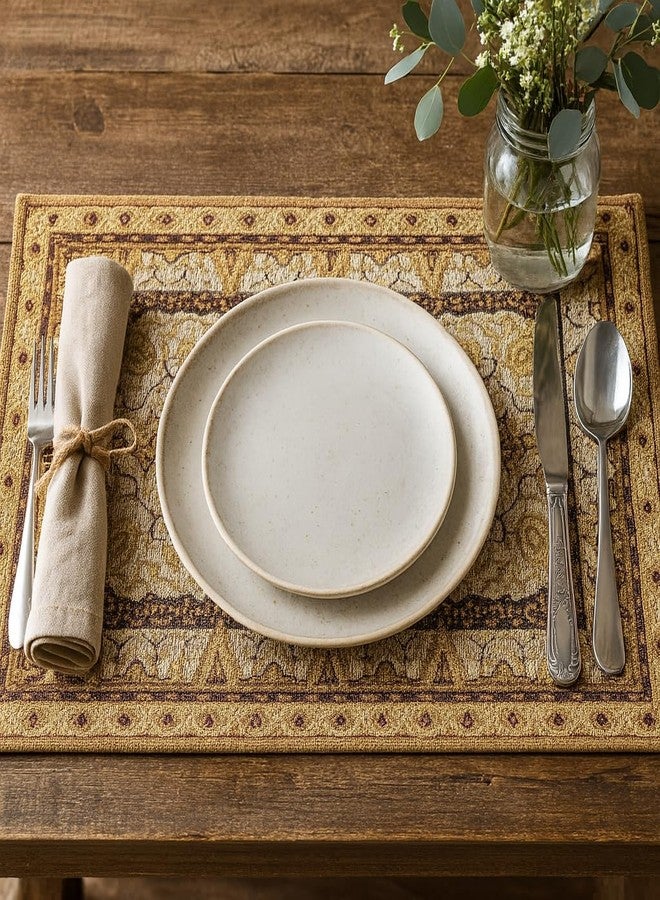 دادا بيدنغ مفارش طاولة طعام من دادا بيدينج، بنمط فارسي، مزينة بنقوش زهرية متقنة وأنيقة، مصنوعة من الكتان المنسوج بنمط دمشقي ذهبي وبني وبيج، مقاس 13 × 19 بوصة. - Image 3