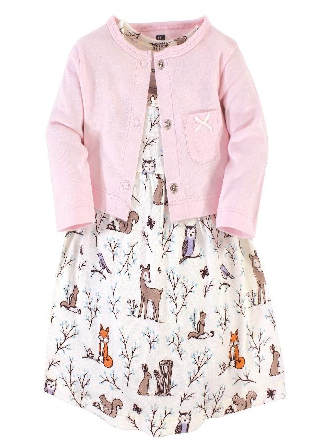 hudson baby Hudson Baby Infant and Toddler Girl Cotton Dress and Cardigan Set Enchanted Forest, 3-6 Months  - Image 5