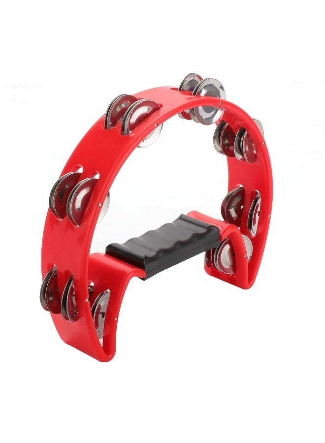 Half Moon Tambourine Handheld Bell Shaker Handbell Rattle Rhythm Hand Percussion Instrument with Double Row of 16x Steel Jingle Pair & Ergonomic Grip for Band Party Concert School Church - Image 1
