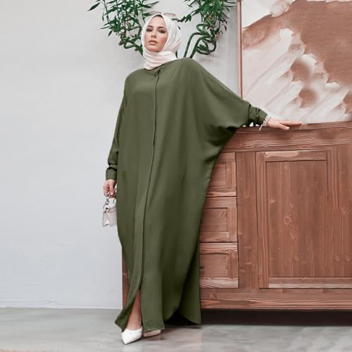 IDOPIP Muslim Dresses for Women Long Sleeve Islamic Ramadan Abaya Dubai Kaftan Robe Loose Maxi Casual Full Cover Abayas Eid Modest Arabic Prayer Dress Clothes Green One Size - Image 3