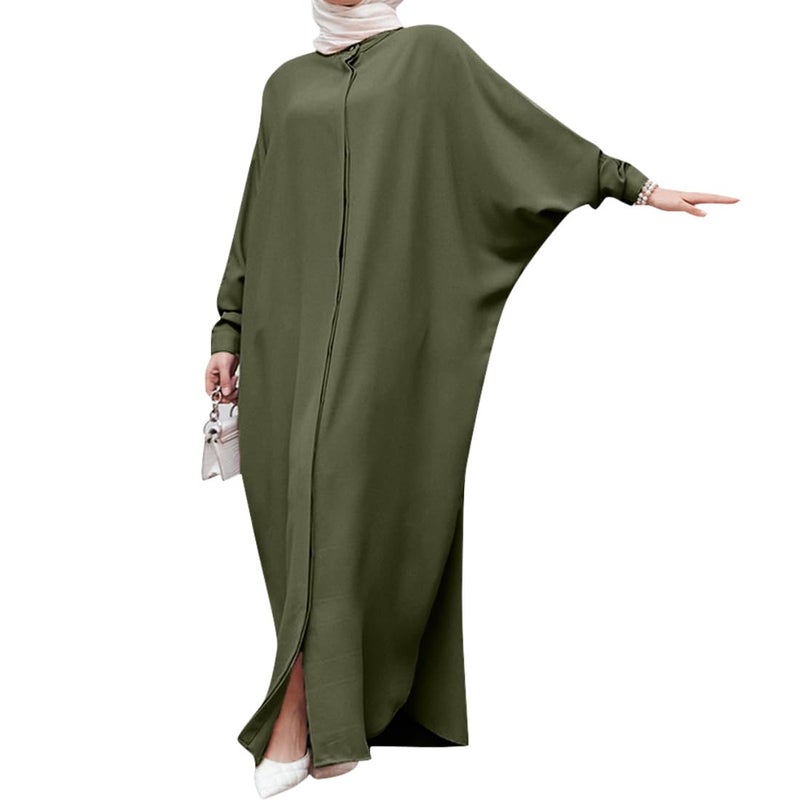 IDOPIP Muslim Dresses for Women Long Sleeve Islamic Ramadan Abaya Dubai Kaftan Robe Loose Maxi Casual Full Cover Abayas Eid Modest Arabic Prayer Dress Clothes Green One Size - Image 2