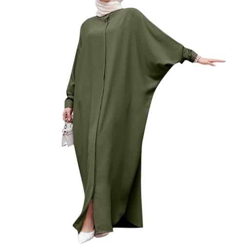 IDOPIP Muslim Dresses for Women Long Sleeve Islamic Ramadan Abaya Dubai Kaftan Robe Loose Maxi Casual Full Cover Abayas Eid Modest Arabic Prayer Dress Clothes Green One Size - Image 1