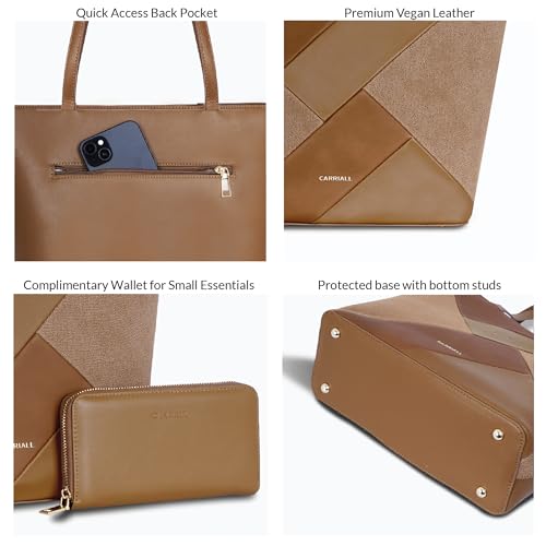 Carriall Estelle Vegan Leather Tote bag | Stylish Casual Shoulder Bag with Wallet purse, Secure Zip Pockets – Structured Handheld Everyday Office Handbag for women & girls (Brown) - Image 5
