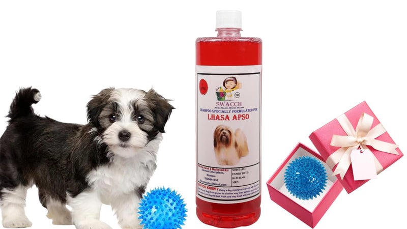 swacch Shampoo | Puppy Safe Shampoo | PH Balanced | Ditch to Itch for Lhasa Apso Dog Shampoo 1 Litre (Jasmine) + Spike Ball Chew Toy Combo Pack - Image 1