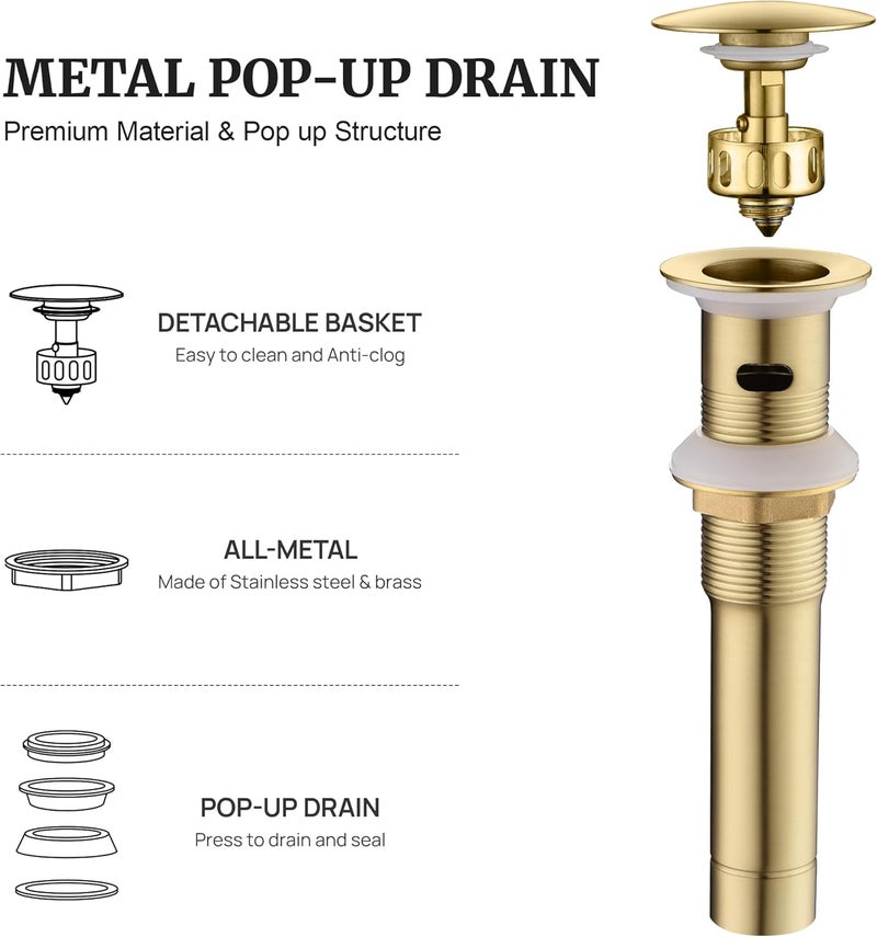 Ultimate Unicorn Pop up Sink Drain Stopper with Overflow Brushed Gold for Bathroom Vessel Vanity Sink Art Basin, Big Cap Sink Drain with Overflow, Metal Pop-up Drain Strainer with Detachable Basket Stopper - Image 2