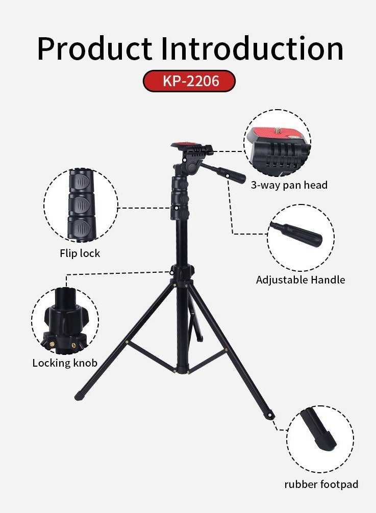 JMARY KP-2206 Professional Tripod 169CM Aluminum Camera & Mobile Stand with 360° Rotating Head Selfie Stick Phone Holder Carry Bag for DSLR Smartphones Video Recording - Image 2