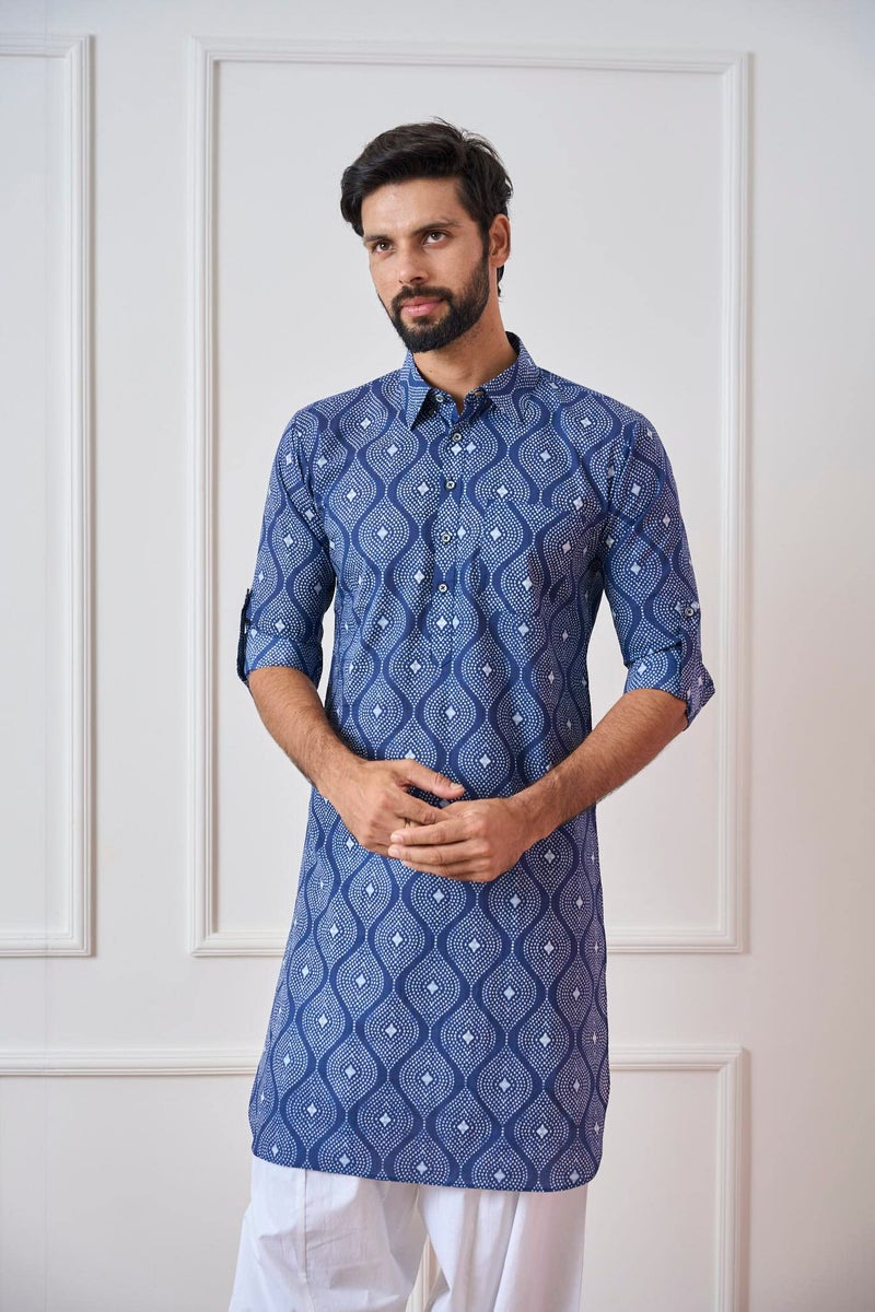 See Designs Indigo & White Cotton Regular Fit Printed Kurta Set Shirt Collar_SDMPKT116103XL - Image 5