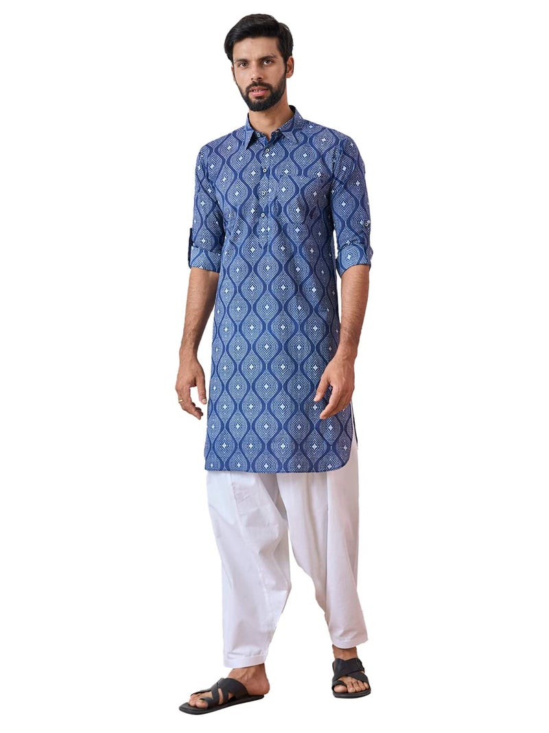 See Designs Indigo & White Cotton Regular Fit Printed Kurta Set Shirt Collar_SDMPKT116103XL - Image 1