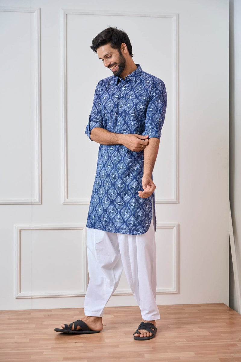 See Designs Indigo & White Cotton Regular Fit Printed Kurta Set Shirt Collar_SDMPKT116103XL - Image 4