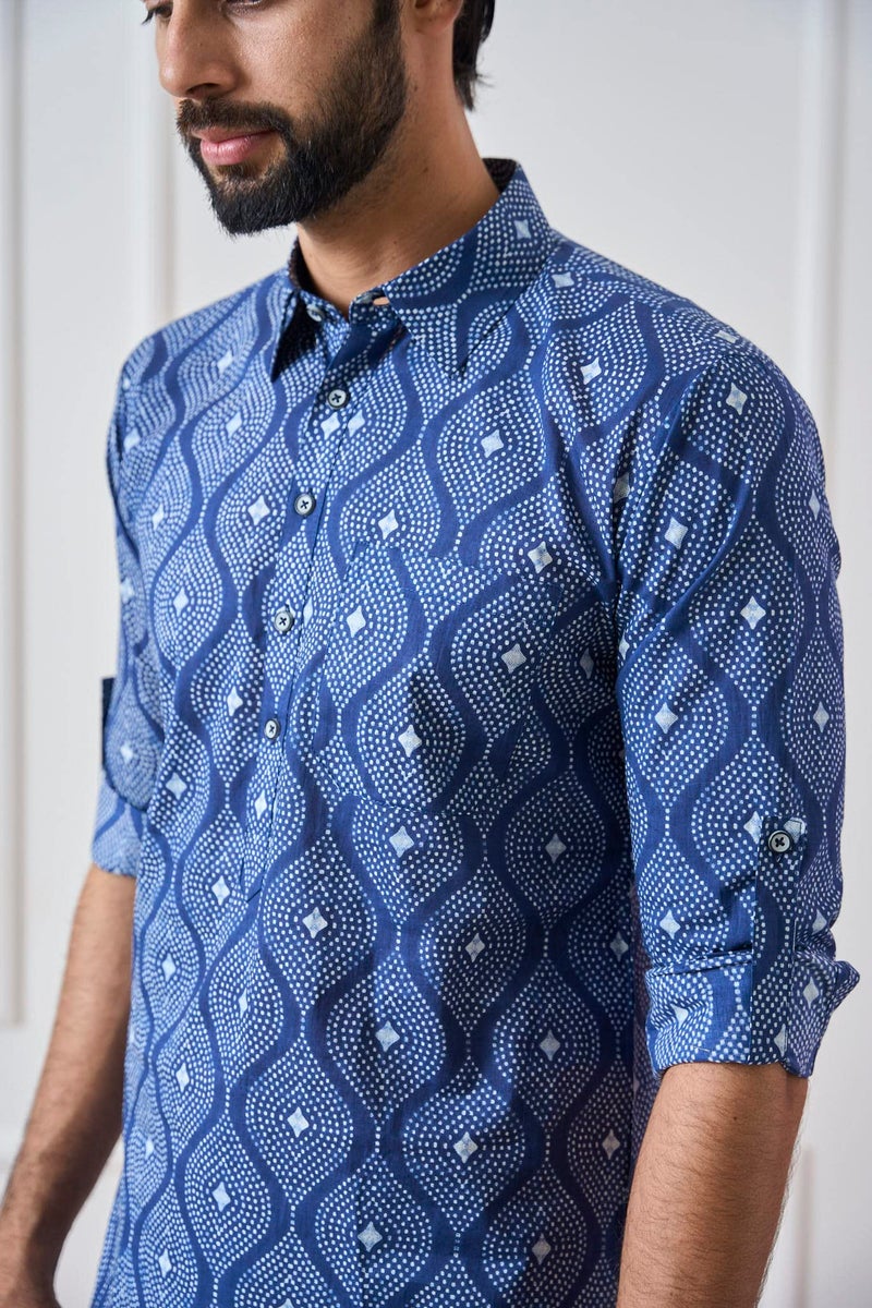 See Designs Indigo & White Cotton Regular Fit Printed Kurta Set Shirt Collar_SDMPKT116103XL - Image 2