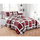 Linen Plus Twin Size 3pc Quilted Bedspread Set for Teen Boys Patchwork Plaid Red Grey Black White New - Image 1