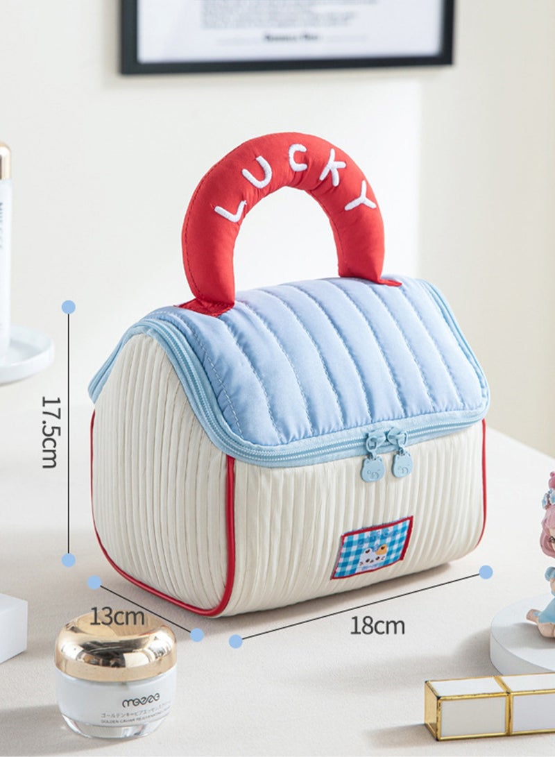 Cute House Cosmetic Bag Girl Soft Contrast Color Toiletry Bag Travel Portable Handbag Large Capacity Storage Bag (Coffee Green Contrast) - Image 4