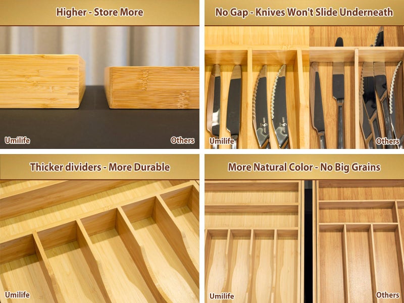 Umilife Large Expandable Kitchen Silverware Utensils Drawer Organizer, 2.5" Extra High Adjustable Drawer Divider with Curved Grooves, Bamboo Wood Cutlery Tray Flatware Holder - Image 5