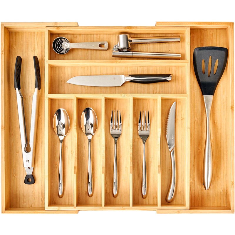 Umilife Large Expandable Kitchen Silverware Utensils Drawer Organizer, 2.5" Extra High Adjustable Drawer Divider with Curved Grooves, Bamboo Wood Cutlery Tray Flatware Holder - Image 1