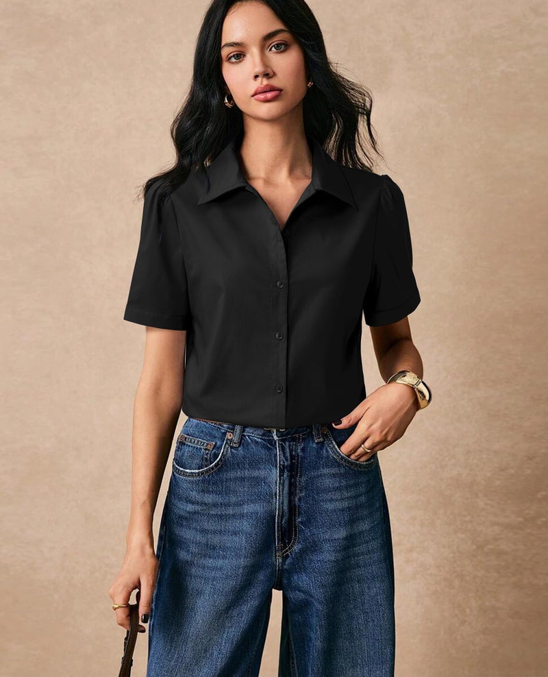 Gleeivy Button Down Shirts for Women Button Up Dress Shirts Puff Short Sleeve Collared Fitted Blouse Work Business Top Black L - Image 2