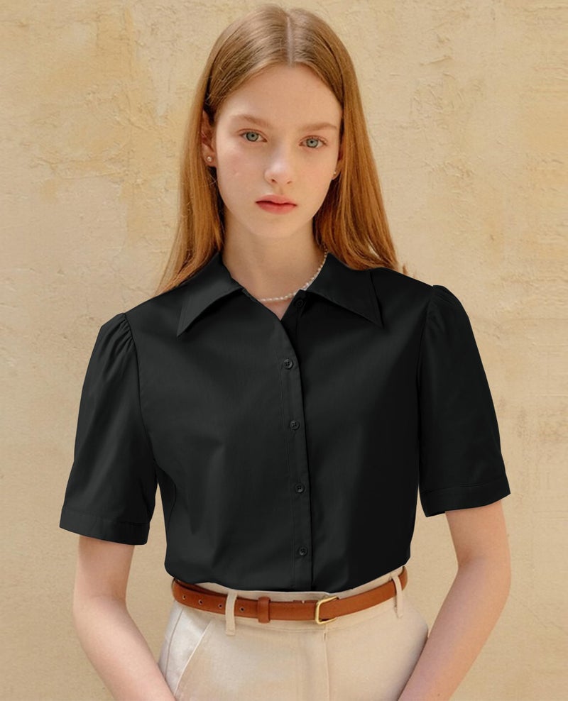 Gleeivy Button Down Shirts for Women Button Up Dress Shirts Puff Short Sleeve Collared Fitted Blouse Work Business Top Black L - Image 4