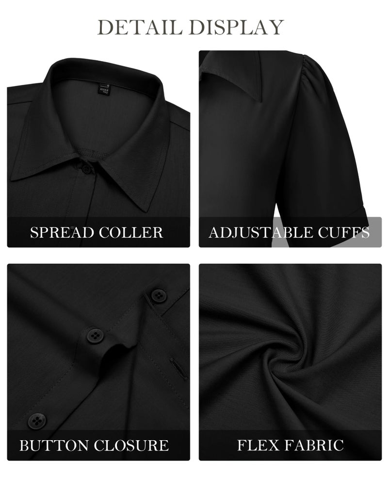 Gleeivy Button Down Shirts for Women Button Up Dress Shirts Puff Short Sleeve Collared Fitted Blouse Work Business Top Black L - Image 5