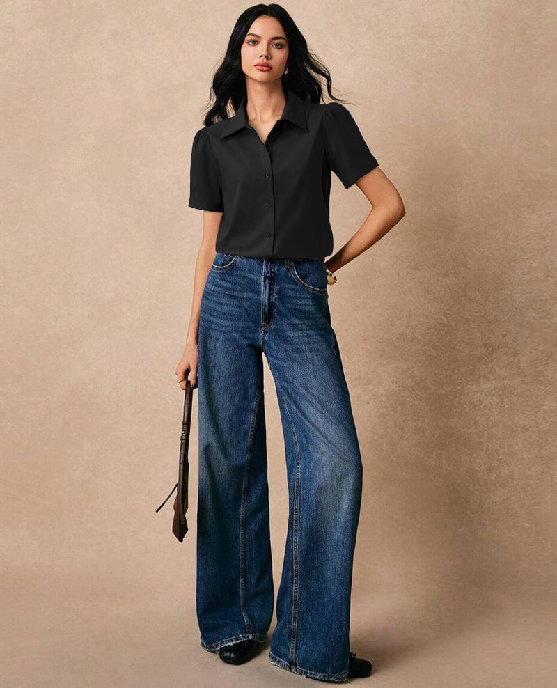Gleeivy Button Down Shirts for Women Button Up Dress Shirts Puff Short Sleeve Collared Fitted Blouse Work Business Top Black L - Image 3
