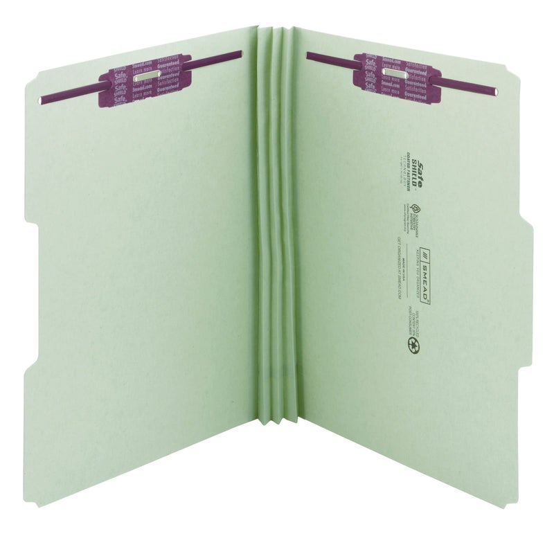 Smead Pressboard Fastener File Folder with SafeSHIELD Fasteners, 2 Fasteners, 1/3-Cut Tab, 3" Expansion, Legal Size, Gray/Green, 25 per Box (19944) - Image 1