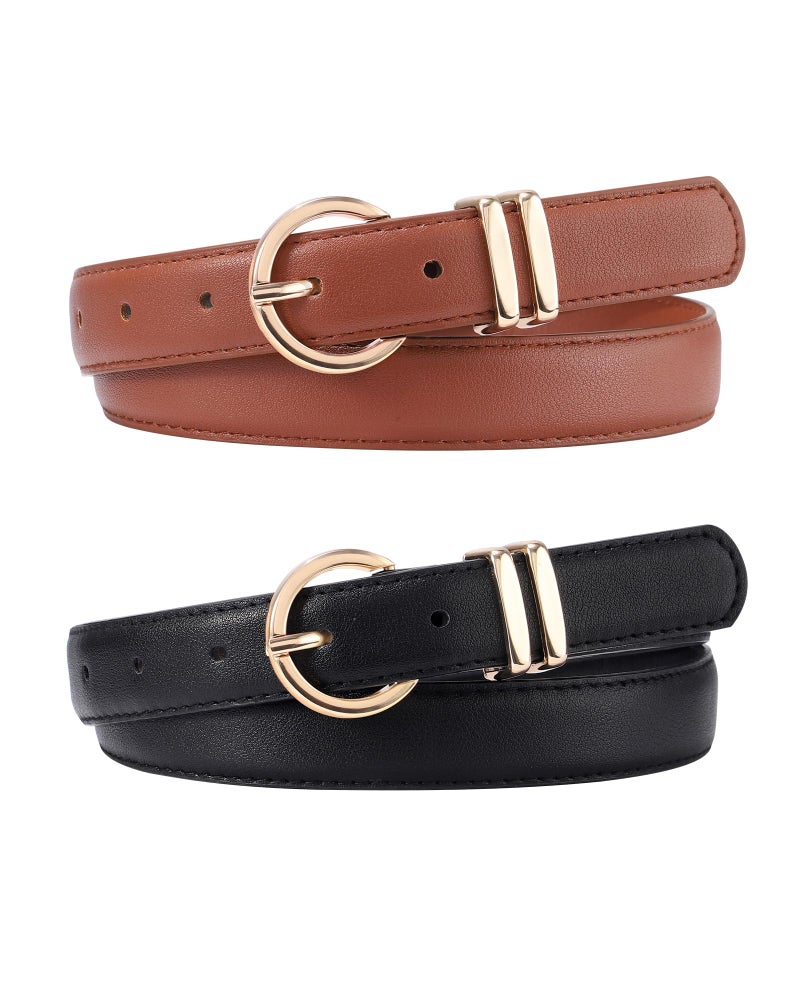 AWAYTR 2 Pcs Kids Girls Leather Belt, Fashion Gold Buckle Belts for Teen Girls Jeans Dress, Black+brown, Fit Waist: 18"-22" - Image 1