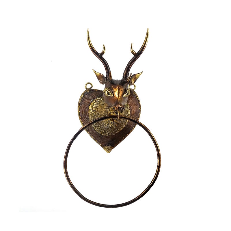 Shambhavi Creations Brass Deer Towel Holder, Antique Napkin Ring Hanger, Bathroom Towel Holder, Dhokra Brass Decor - Image 1