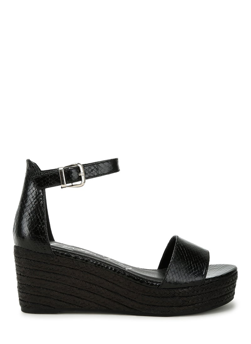 London Rag Faux Leather Snake Wedge Espadrilles in Black  - Image 1