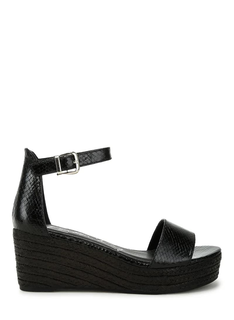 London Rag Faux Leather Snake Wedge Espadrilles in Black