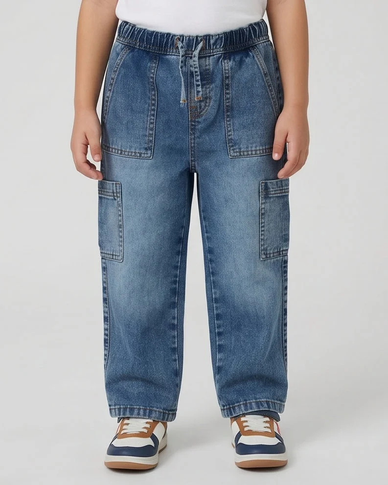 Redtag Boys Blue Cargo Pocket Jeans
