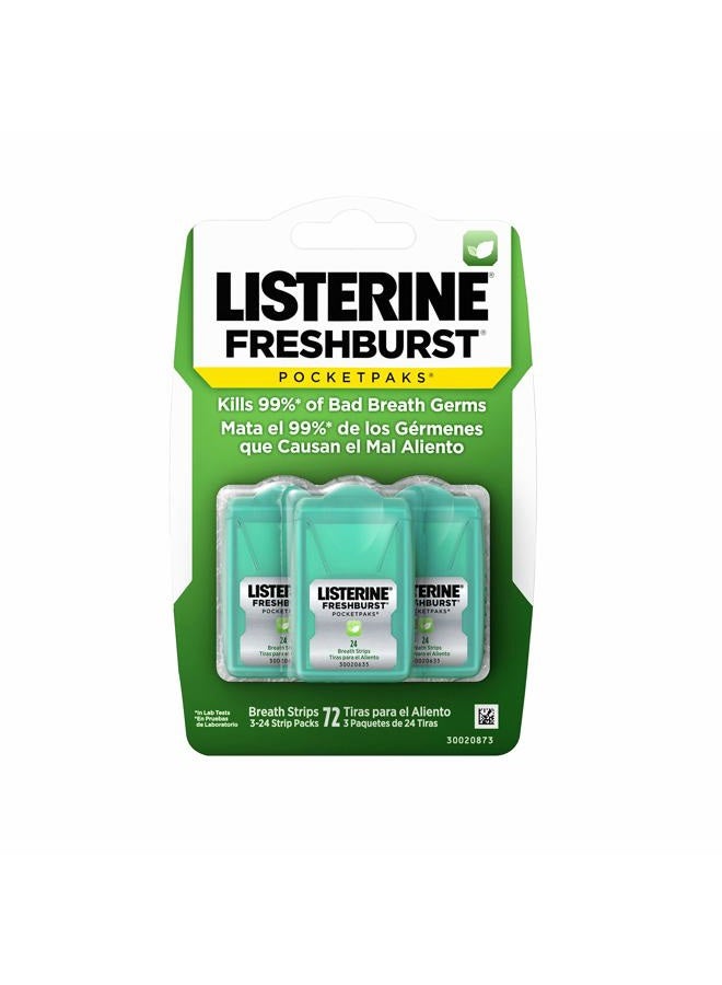 Listerine شرائط تنفس فريشبرست بوكيتباكس المحمولة، شرائط منعشة للأنفاس تذوب وتقتل 99% من الجراثيم التي تسبب رائحة الفم الكريهة، محمولة للاستخدام أثناء التنقل، بنكهة النعناع، 3 × 24 شريط - Image 1