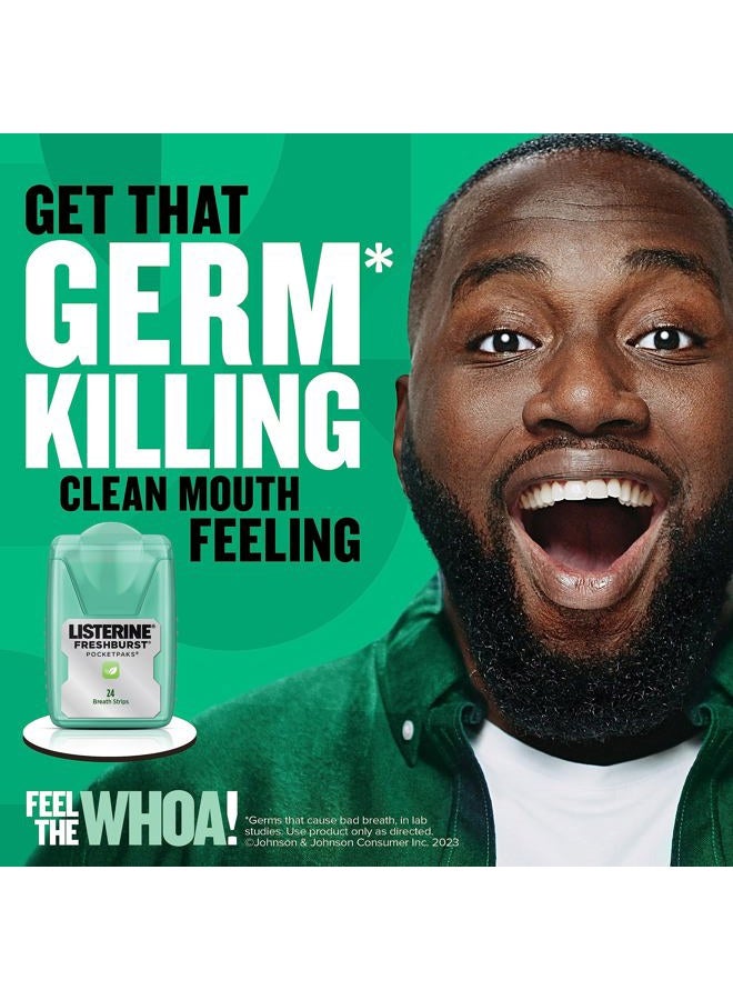 Listerine شرائط تنفس فريشبرست بوكيتباكس المحمولة، شرائط منعشة للأنفاس تذوب وتقتل 99% من الجراثيم التي تسبب رائحة الفم الكريهة، محمولة للاستخدام أثناء التنقل، بنكهة النعناع، 3 × 24 شريط - Image 2