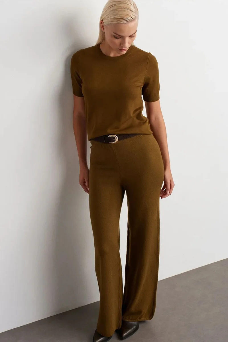 Dilvin Olive Green DILVIN Women’s Wide-leg Lurex Knit Trousers for Women | Best Price UAE