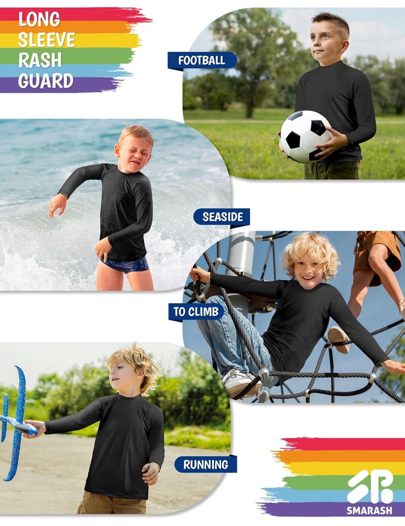 Smarash Boys Swim Shirt Long Sleeve Rash Guard Kids Sun Beach Water Shirts Swimwear Rashguard for YouthSun Water Fishing Swimming SPF Shirt Black Size 10-12 - Image 5