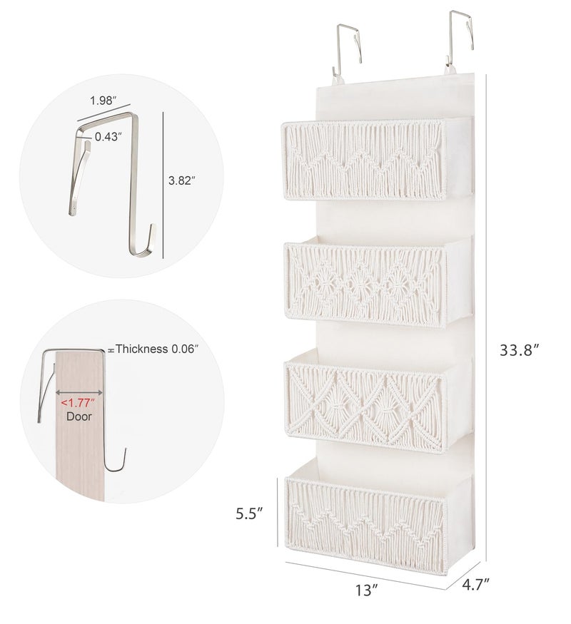 Dahey Over The Door Organizer Macrame Boho Nursery Storage Decor with 4 Large Woven Pockets Closet Behind Hanging Organizer for Bedroom Nursery Bathroom Apartments Dorm Pantry Decoration,White - Image 2