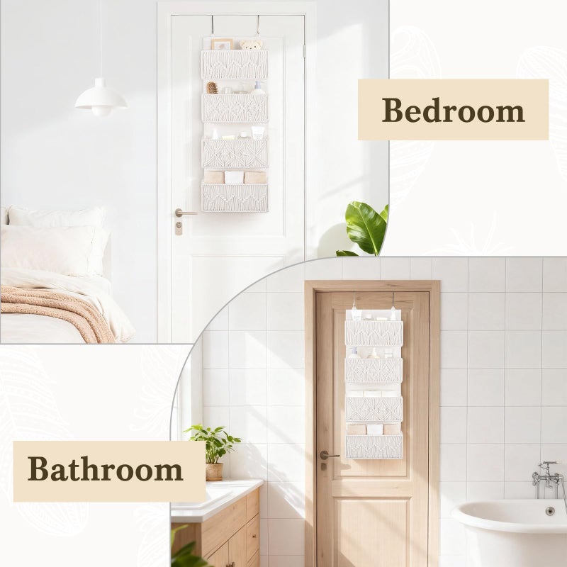 Dahey Over The Door Organizer Macrame Boho Nursery Storage Decor with 4 Large Woven Pockets Closet Behind Hanging Organizer for Bedroom Nursery Bathroom Apartments Dorm Pantry Decoration,White - Image 4