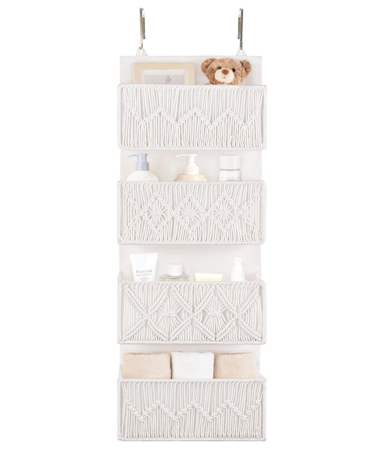 Dahey Over The Door Organizer Macrame Boho Nursery Storage Decor with 4 Large Woven Pockets Closet Behind Hanging Organizer for Bedroom Nursery Bathroom Apartments Dorm Pantry Decoration,White - Image 1