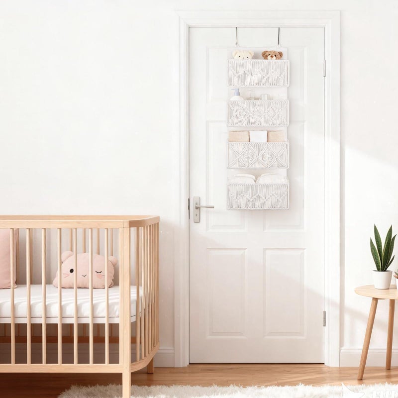 Dahey Over The Door Organizer Macrame Boho Nursery Storage Decor with 4 Large Woven Pockets Closet Behind Hanging Organizer for Bedroom Nursery Bathroom Apartments Dorm Pantry Decoration,White - Image 3