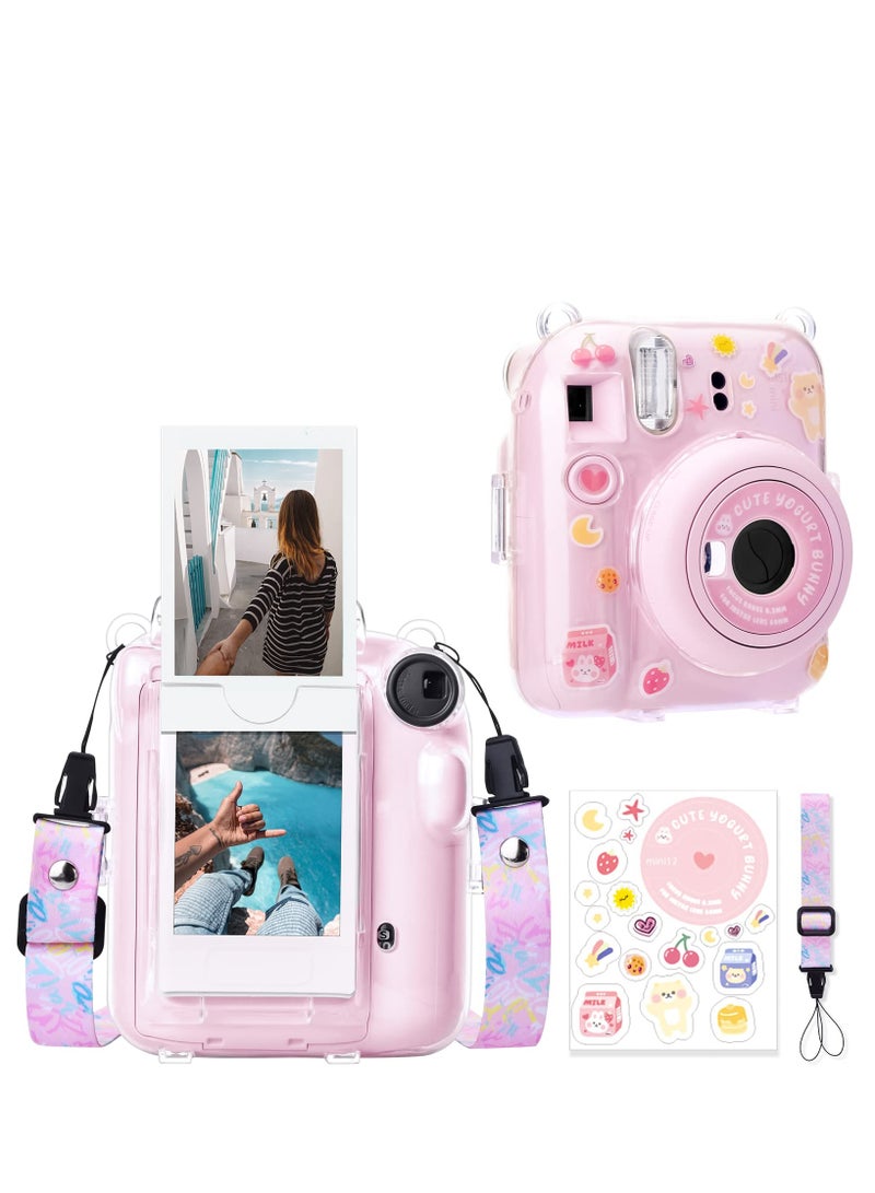 Case for Fujifilm Instax Mini 12 Instant Camera with Back Photos Pocket Shoulder Strap and Beautiful Sticker (Pink Sticker)  - Image 1