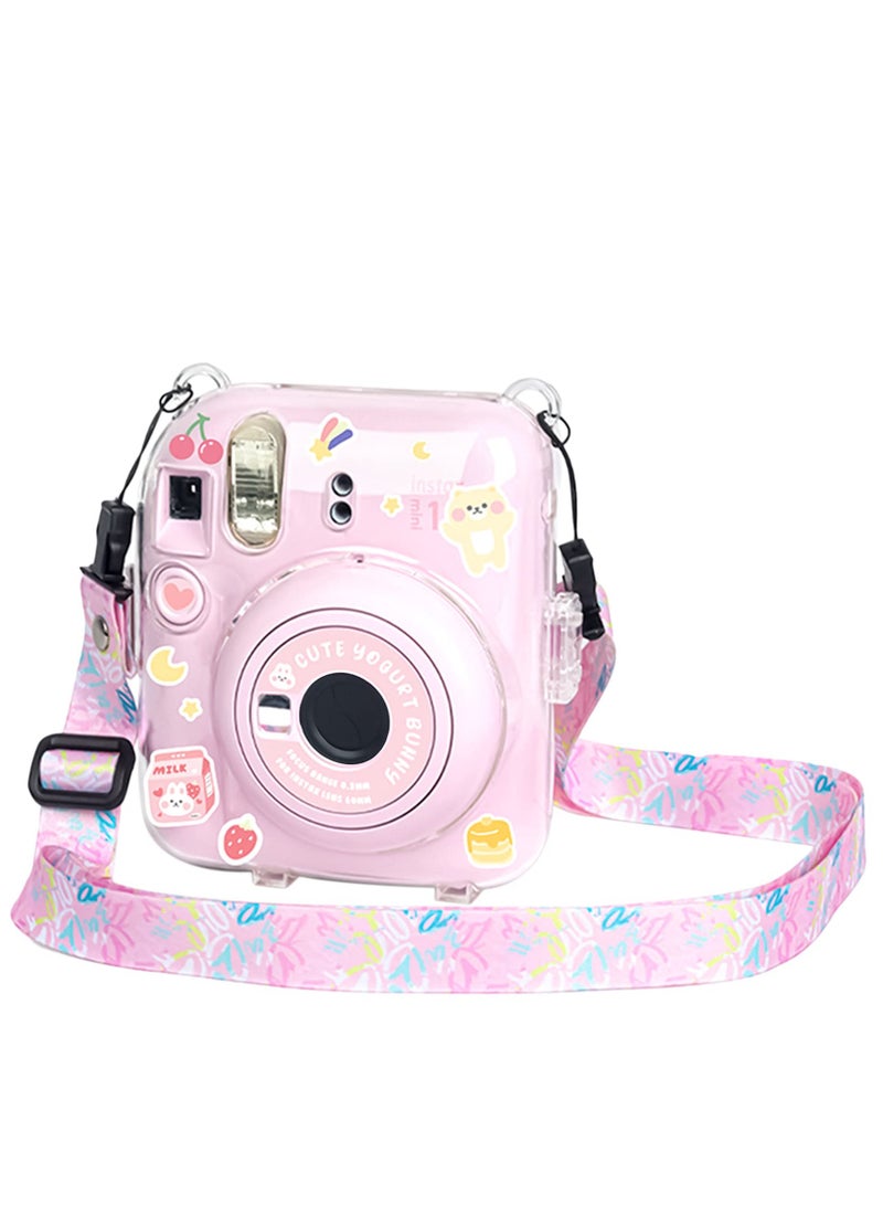 Case for Fujifilm Instax Mini 12 Instant Camera with Back Photos Pocket Shoulder Strap and Beautiful Sticker (Pink Sticker)  - Image 2