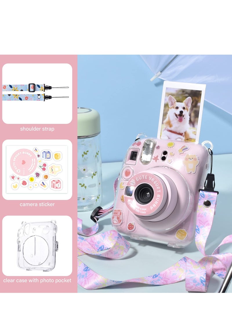 Case for Fujifilm Instax Mini 12 Instant Camera with Back Photos Pocket Shoulder Strap and Beautiful Sticker (Pink Sticker)  - Image 3