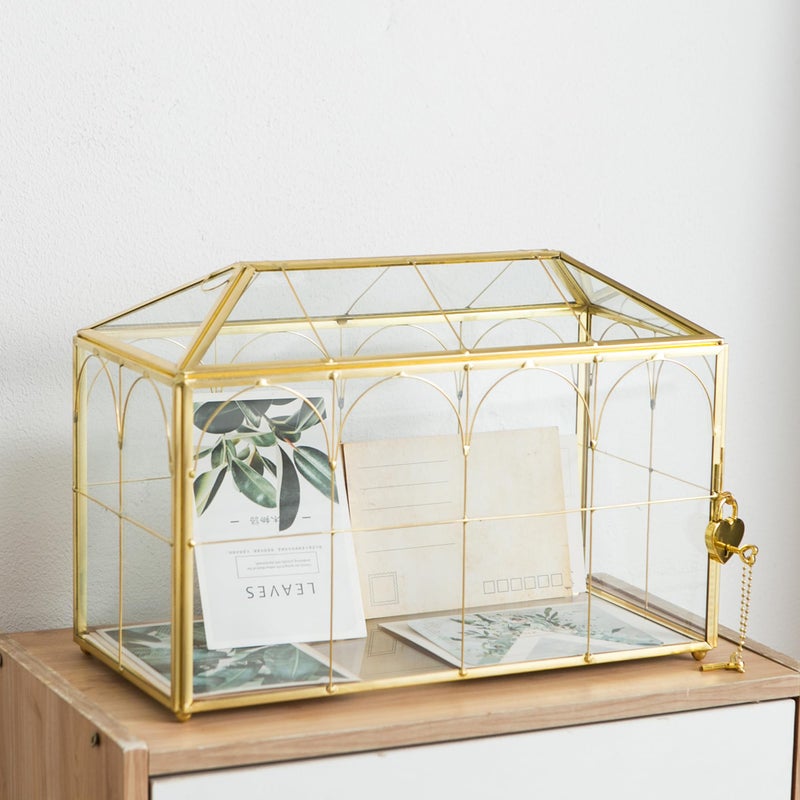 Sanllusit Glass Wedding Card Box with Slot, 12.5'' Large Clear Card Box Gold Brass Gift Card Storage Box with Lock Perfect for Wedding Receptions, Baby Shower, Birthday Party, Bridal Shower - Image 1
