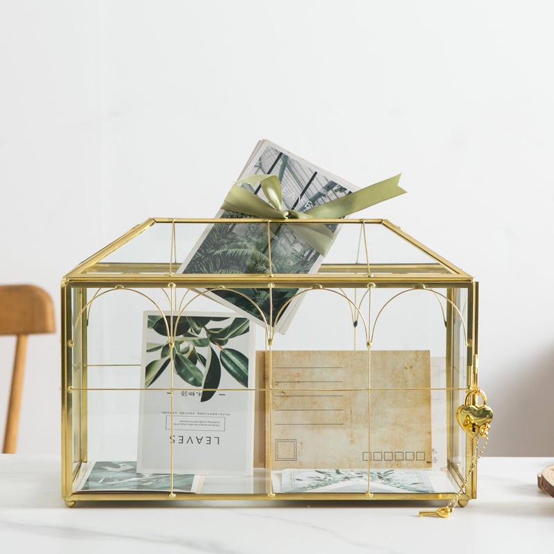 Sanllusit Glass Wedding Card Box with Slot, 12.5'' Large Clear Card Box Gold Brass Gift Card Storage Box with Lock Perfect for Wedding Receptions, Baby Shower, Birthday Party, Bridal Shower - Image 2