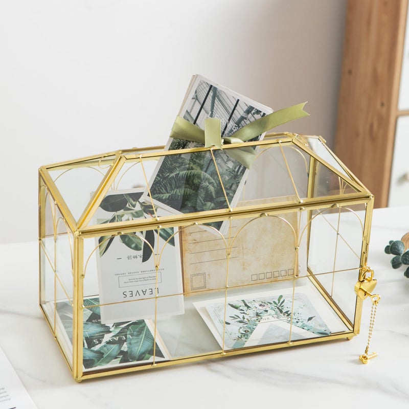 Sanllusit Glass Wedding Card Box with Slot, 12.5'' Large Clear Card Box Gold Brass Gift Card Storage Box with Lock Perfect for Wedding Receptions, Baby Shower, Birthday Party, Bridal Shower - Image 3