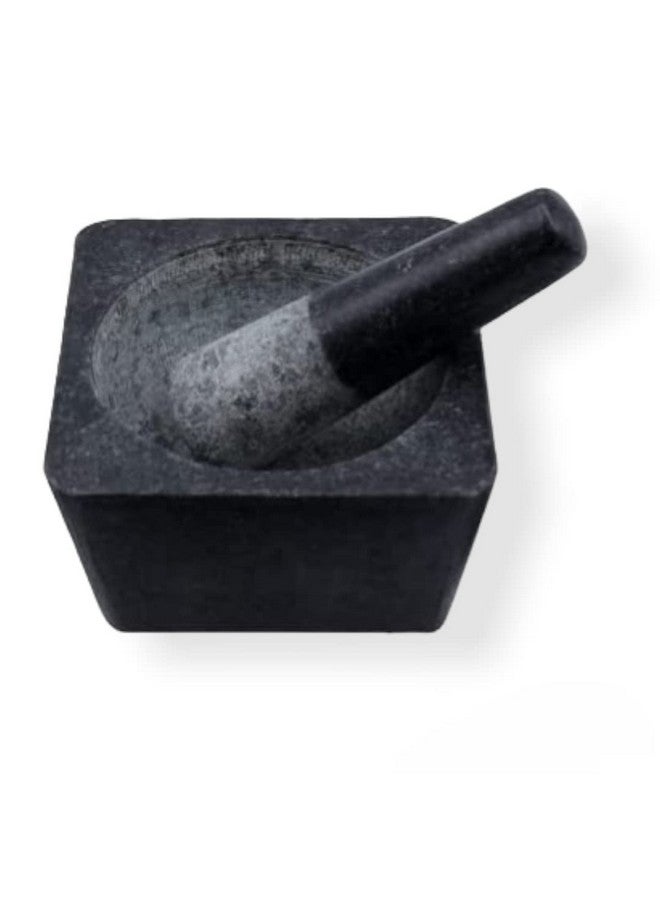 Subaa Stone Mortar and Pestle Set for Spices Okhli Masher Khalbatta stone Kharal, Mixer Natural & Musal Well Design for Kitchen Home Herbs (6 IN) Large Size, Square type-6Inch Dia - Image 1